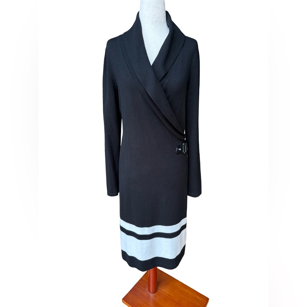Lauren Ralph Lauren Black/White Long Sleeve Sweater Wrap Dress Size Medium